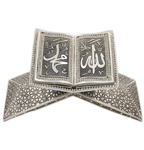 Load image into Gallery viewer, Islamic Table Decor Quran Open Book Stand Allah Muhammad - Silver
