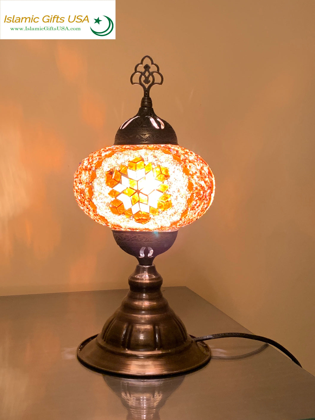 Mosaic Table Lamp- Brown Flower with Bronze Base