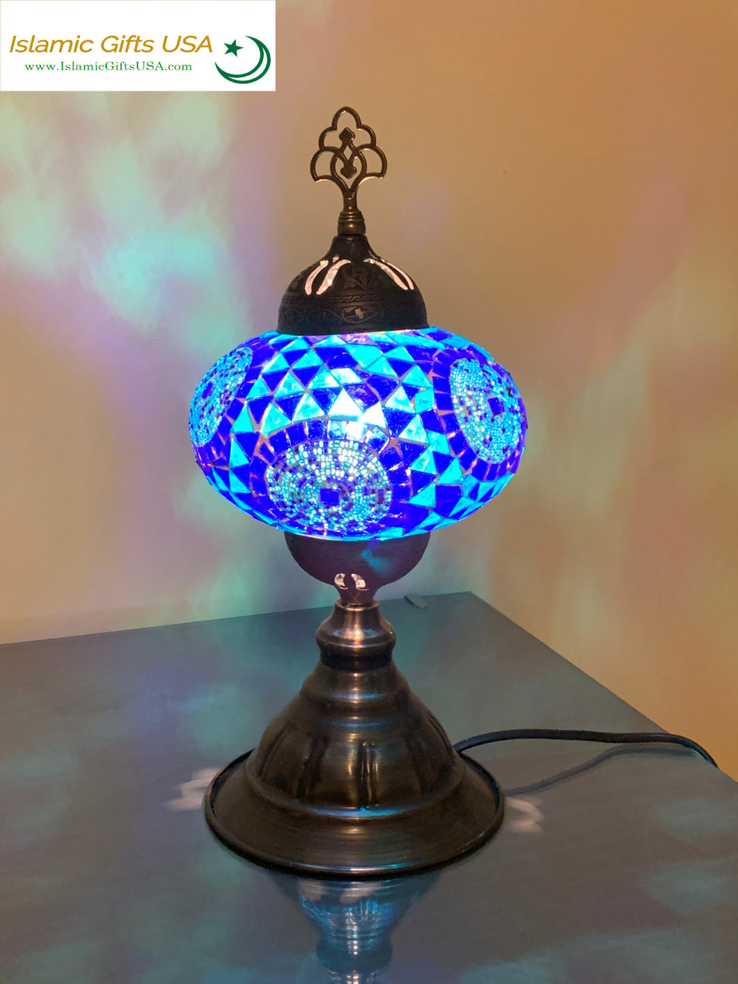 Mosaic Table Lamp- Dark Blue with Bronze Base