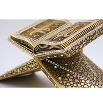 Load image into Gallery viewer, Islamic Table Decor Quran Open Book Stand Allah Muhammad - Gold
