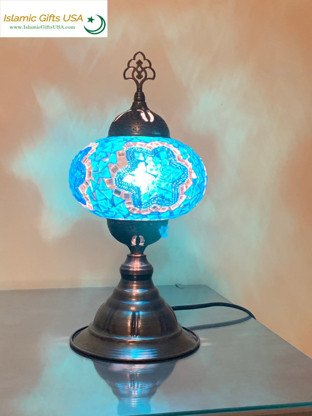 Mosaic Table Lamp- Light Blue with Bronze Base